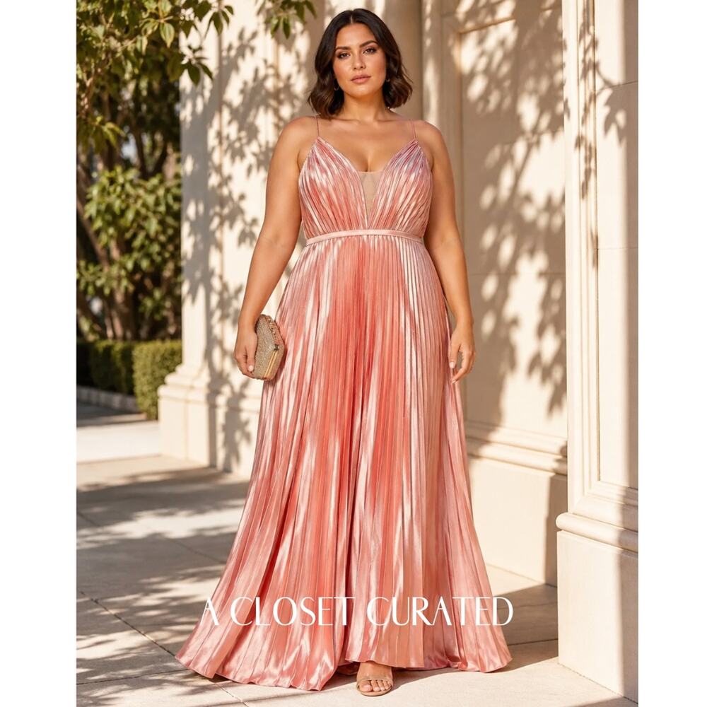 Mac Duggal Pleated Satin Plunge Gown 18 Pink NWT Style 49039